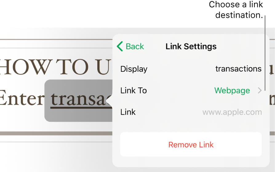 The Link Settings popover with fields for Display, Link To (Webpage is selected), and Link. The Remove Link button is at the bottom.
