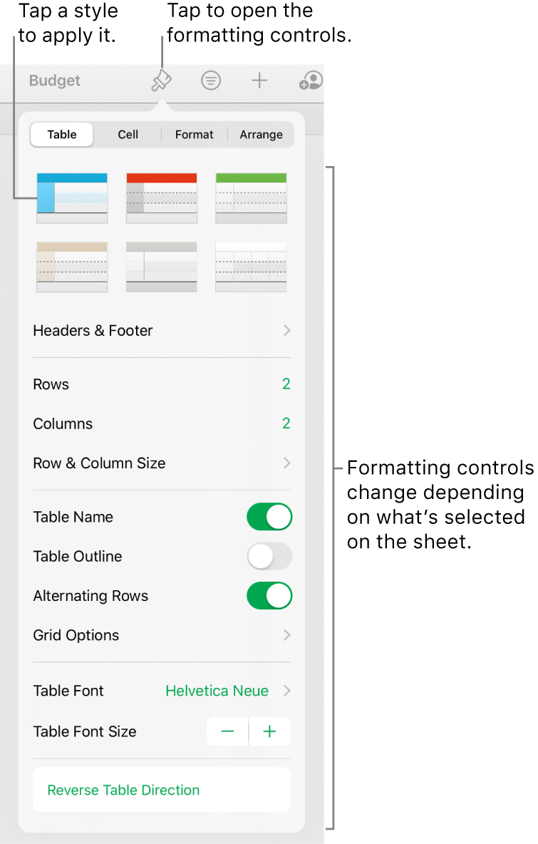 The Table pane of the Format button.