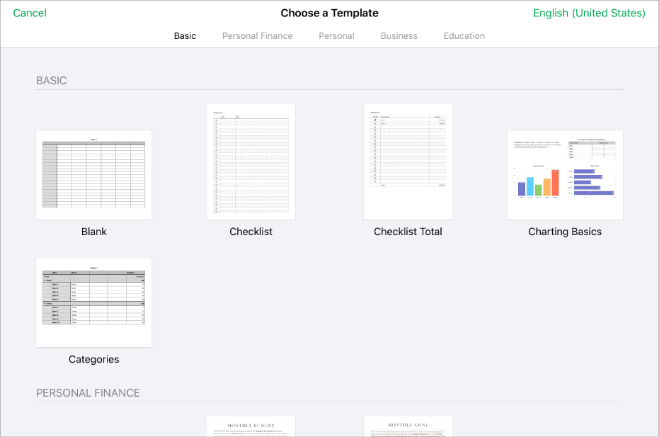 The template chooser, showing thumbnails of predesigned templates you can use as a starting point for spreadsheets.