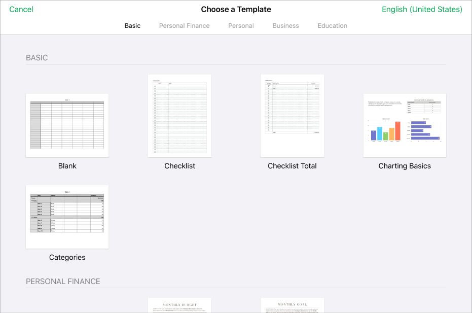 The template chooser, showing thumbnails of predesigned templates you can use as a starting point for creating spreadsheets.