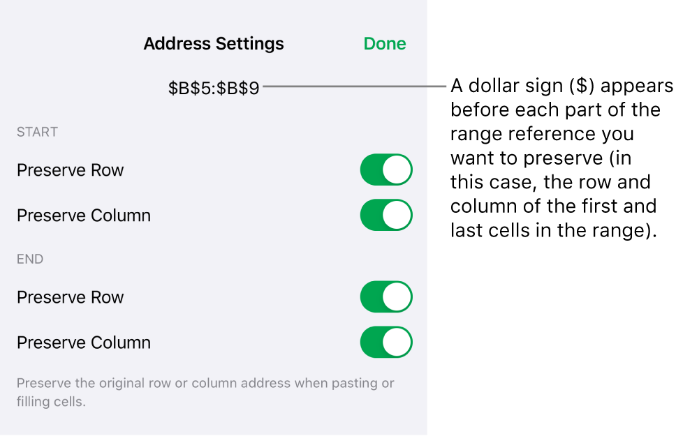 The controls for specifying which of a cell’s row and column references should be preserved if the cell is moved or copied. A dollar sign appears before each part of the range reference you want to preserve.