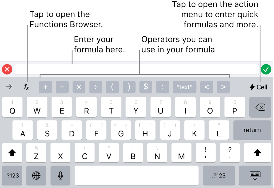 The formula keyboard, with the formula editor at the top, and the operators used in formulas below it. The Functions button for opening the Functions Browser is to the left of the operators, and the Action menu button is to the right.
