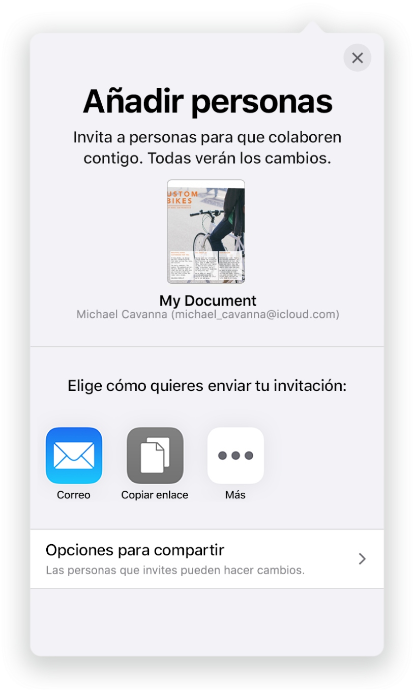 La pantalla “Añadir personas” mostrando una imagen del documento que se va a compartir. Debajo aparecen botones de las maneras de enviar la invitación, incluido Mail, un botón “Copiar enlace” y otros. En la parte inferior está el botón “Opciones para compartir”.