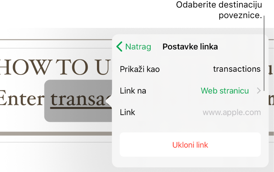 Skočni prikaz Postavke linkova s poljima Prikaži, Link na (odabrana je Web stranica) i Link. Tipka Ukloni link nalazi se pri dnu.