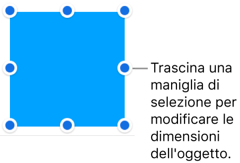 Un oggetto con punti blu sul bordo per la modifica delle dimensioni.