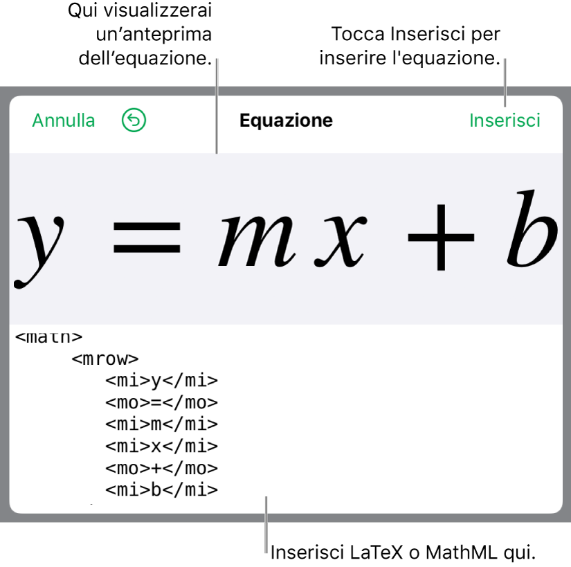 Codice MathML per l'equazione del coefficiente angolare di una retta e un'anteprima della formula sopra.