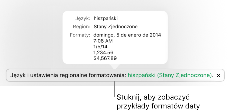 Powiadomienie o różnicy ustawień dotyczących języka i regionu, pokazujące przykłady formatowania używanego w wybranym języku i regionie.