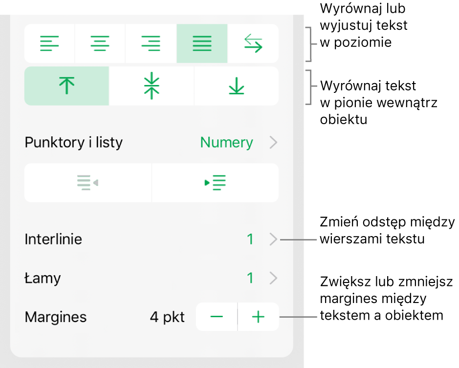 Sekcja Makieta na pasku bocznym Format z opisami wskazującymi przyciski wyrównania i odstępów tekstu.