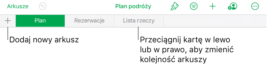 Pasek kart pozwalający na dodawanie nowego arkusza, nawigację, zmienianie kolejności i porządkowanie arkuszy.