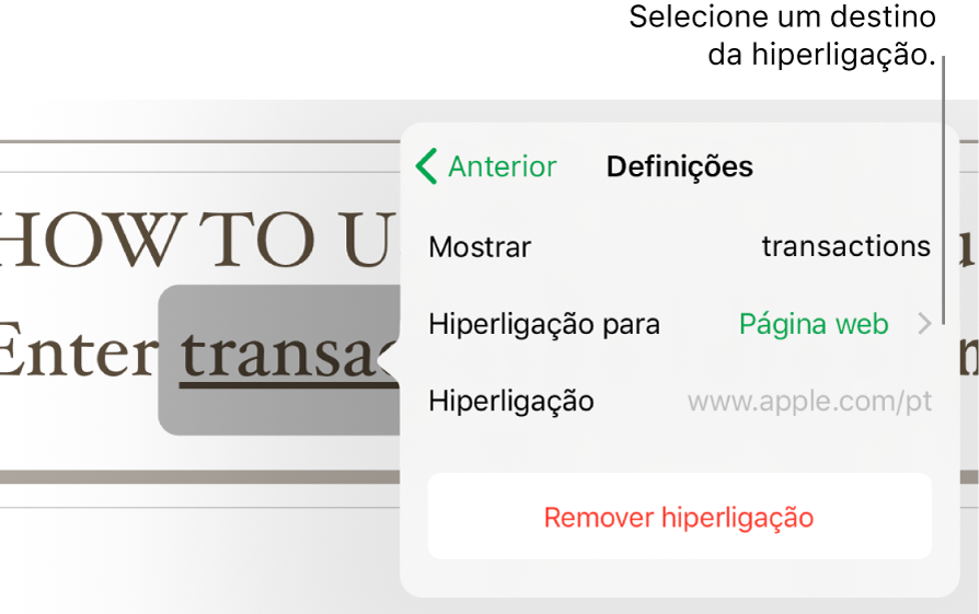 O pop-over de Definições, que contém os campo Mostrar, “Ligar a” (com “Página Web” selecionada) e Hiperligação. O botão “Remover hiperligação” encontra-se na parte inferior.