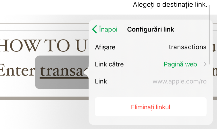 Pop-overul Configurări link cu câmpuri pentru Afișare, Link către (este selectată opțiunea Pagină web) și Link. În partea de jos se află butonul Eliminați linkul.