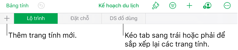 Thanh tab để thêm trang tính mới, điều hướng, sắp xếp lại vị trí và tổ chức lại trang tính.