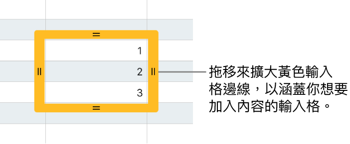 所選的輸入格帶有大的黃色邊線，你可以拖移來自動填滿輸入格。
