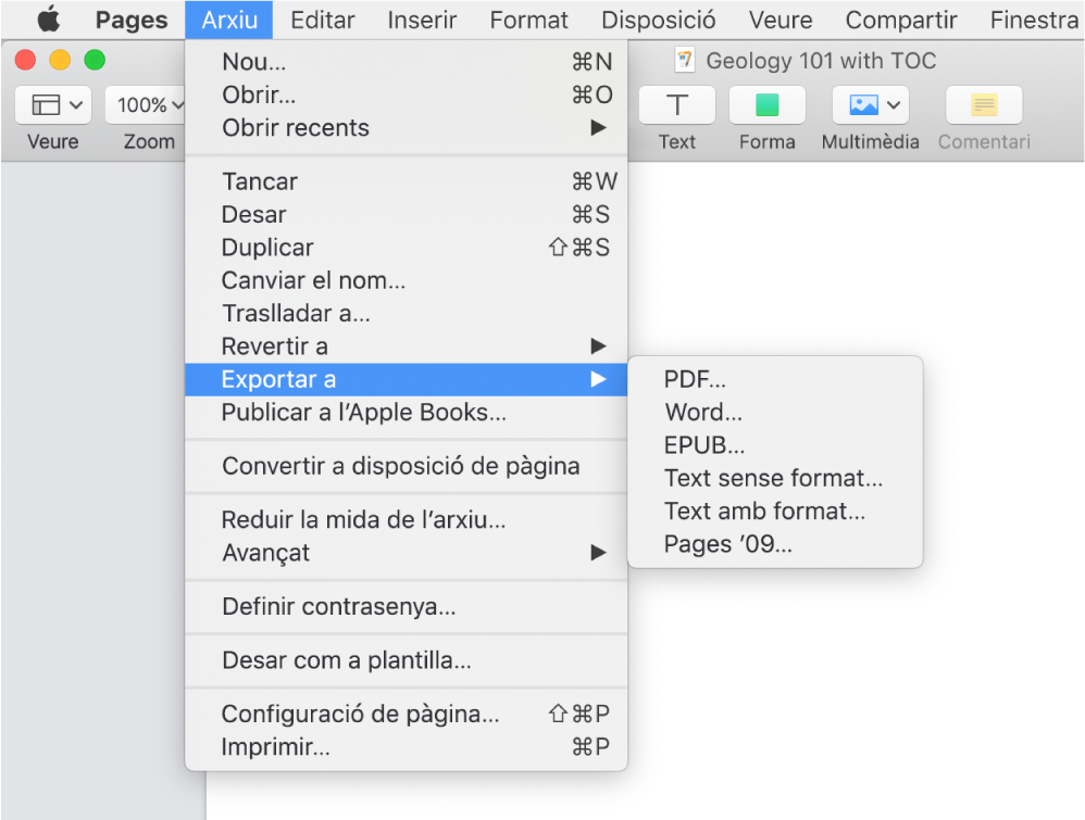 Menú Arxiu obert amb “Exportar a” seleccionat i el submenú corresponent que mostra les opcions d’exportació a PDF, Word, text sense format, format de text enriquit, EPUB i Pages ’09.