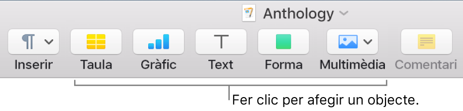 La barra d’eines, amb botons per afegir taules, gràfics, text, formes i contingut multimèdia.