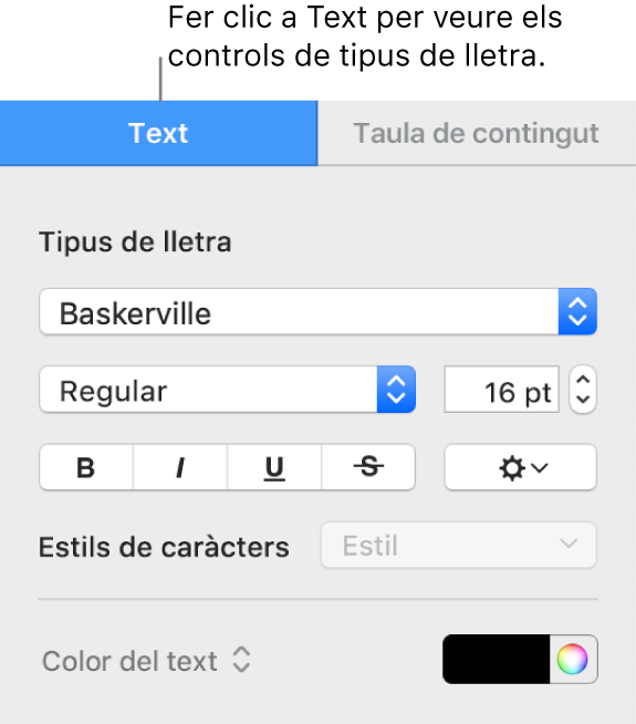 La barra lateral format amb la pestanya Text seleccionada i els controls de tipus de lletra per canviar la lletra, la mida de la lletra i afegir estils de caràcter.