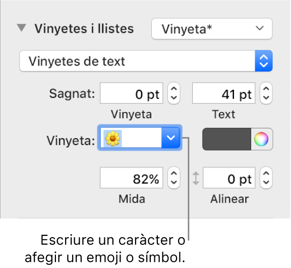 La secció “Vinyetes i llistes” de la barra lateral Format. El camp Vinyeta amb un emoji de flor.