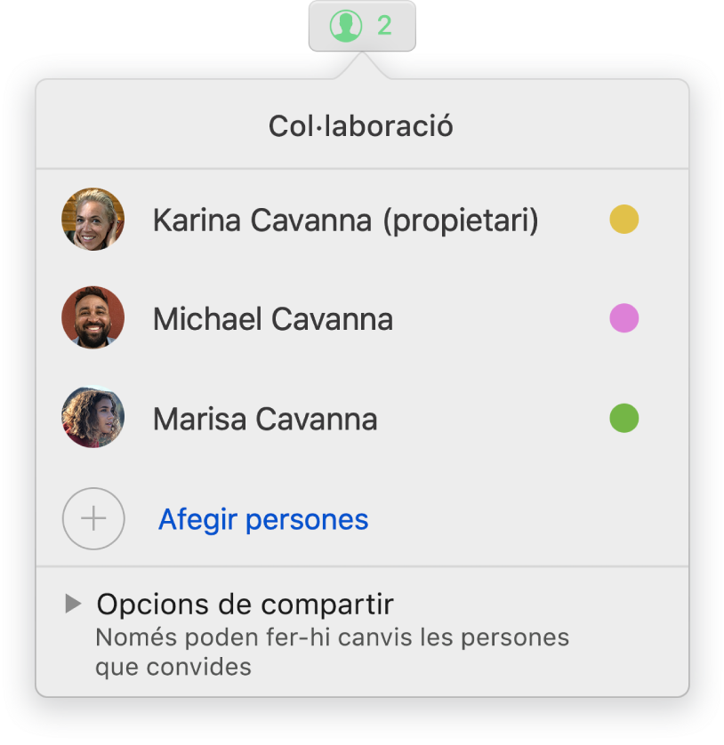 El menú Col·laboració, en què es mostren els noms de les persones que col·laboren en el document. Les opcions de compartir són a sota dels noms.