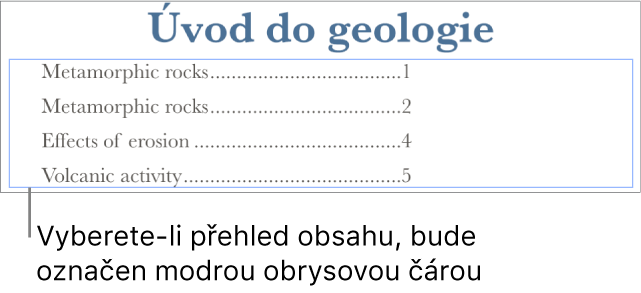 Přehled obsahu vložený do dokumentu. Jednotlivé položky uvádějí vždy nadpis kapitoly s příslušným číslem stránky