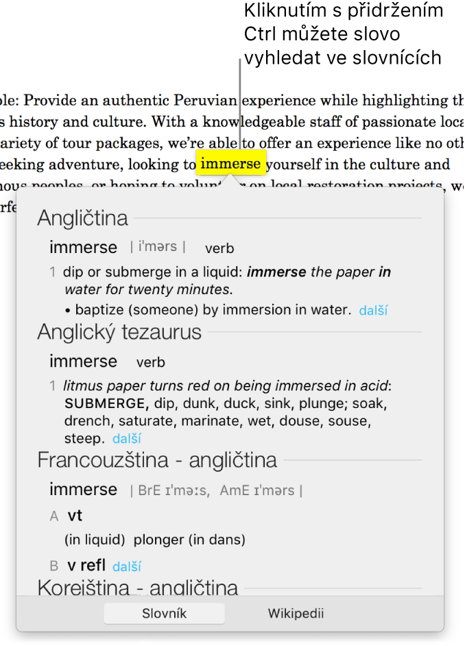 Odstavec se zvýrazněným slovem a okno s jeho definicí a položkou tezauru. Dvě tlačítka u spodního okraje okna poskytují odkazy na slovník a Wikipedii