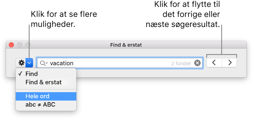 Vinduet Find & erstat med billedforklaringer til knappen, der viser mulighederne til Find, Find & erstat, Hele ord og abc ≠ ABC, og navigationspile til højre.