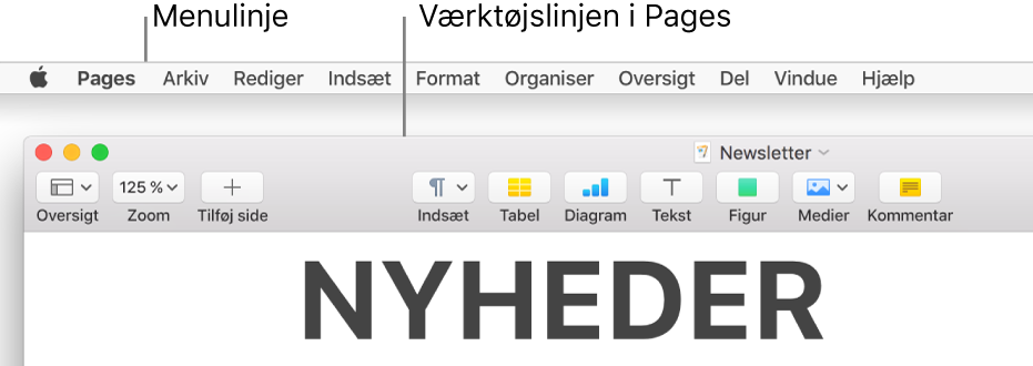 Menulinjen med Apple-menuen og Pages-menuen i øverste venstre hjørne og derunder værktøjslinjen i Pages med knapperne Oversigt og Zoom øverst til venstre.