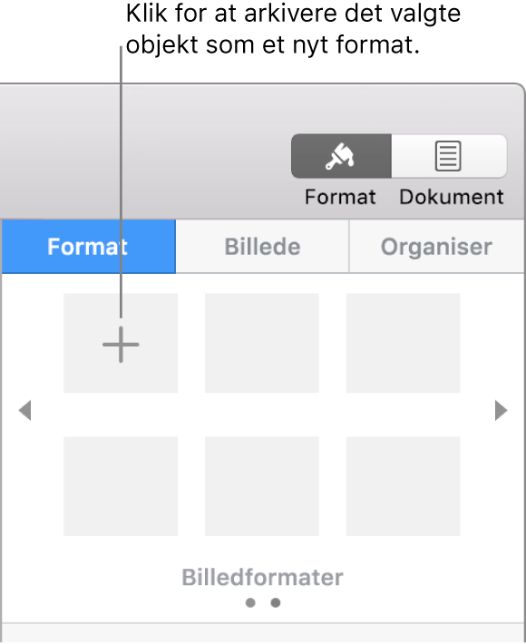 Fanen Format i indholdsoversigten Format med knappen Opret format i øverste venstre hjørne og fem tomme formateksempler.