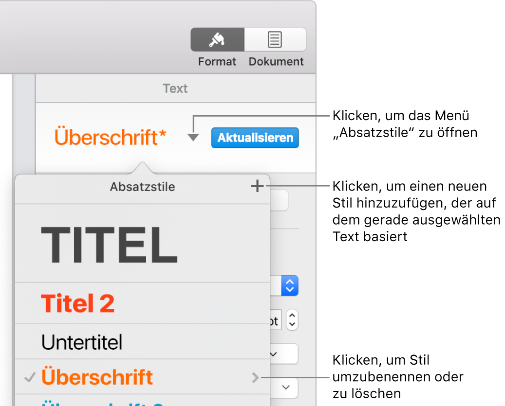 Das Menü „Absatzstile“ mit Steuerelementen zum Hinzufügen oder Ändern eines Stils