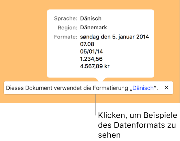 Die Mitteilung zur anderen Sprache und Region mit Beispielen der Formatierung in dieser Sprache und Region.