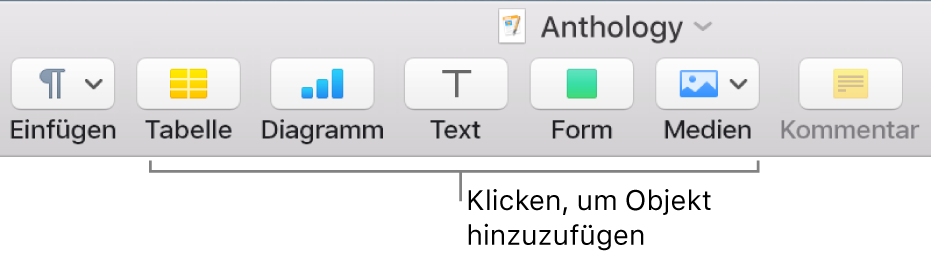 Die Symbolleiste mit Tasten zum Hinzufügen von Tabellen, Diagrammen, Text, Formen und Medien