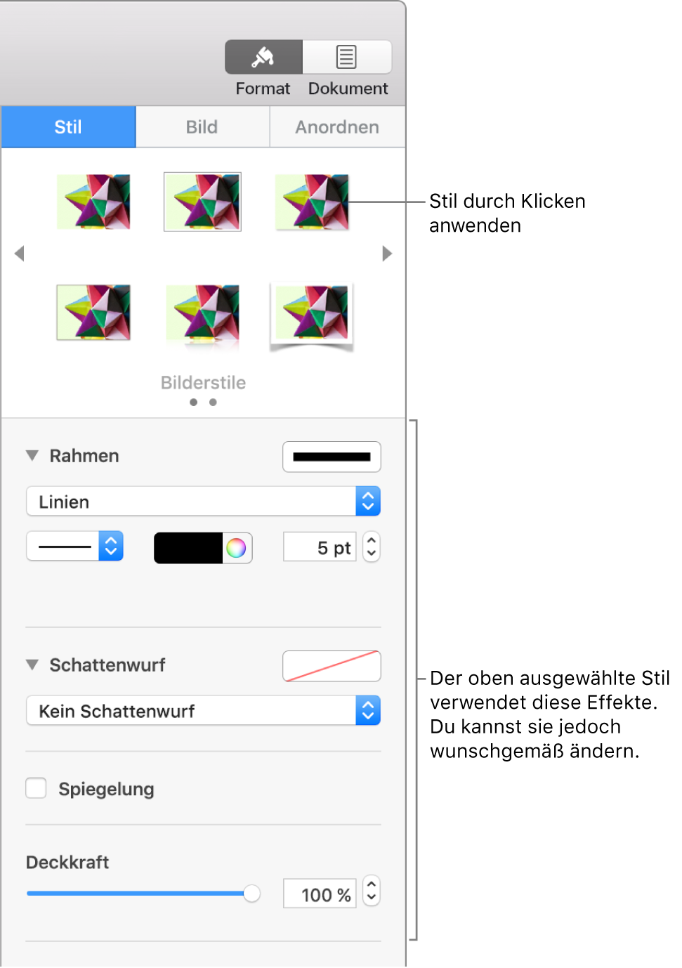 Der Tab „Stil“ der Seitenleiste „Format“ mit Optionen für Objektstile