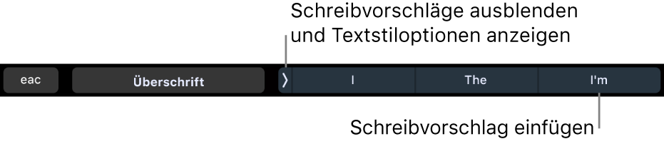 Die Touch Bar des MacBook Pro mit den Steuerelementen zum Festlegen des Textstils, zum Ausblenden der Wortvorschläge und zum Einfügen vorgeschlagener Wörter.