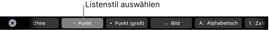 Die Touch Bar des MacBook Pro mit Steuerelementen zum Festlegen des Listenstils.