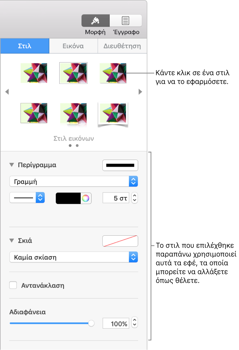 Η καρτέλα «Στιλ» της πλαϊνής στήλης «Μορφή» που εμφανίζει επιλογές στιλ αντικειμένου.