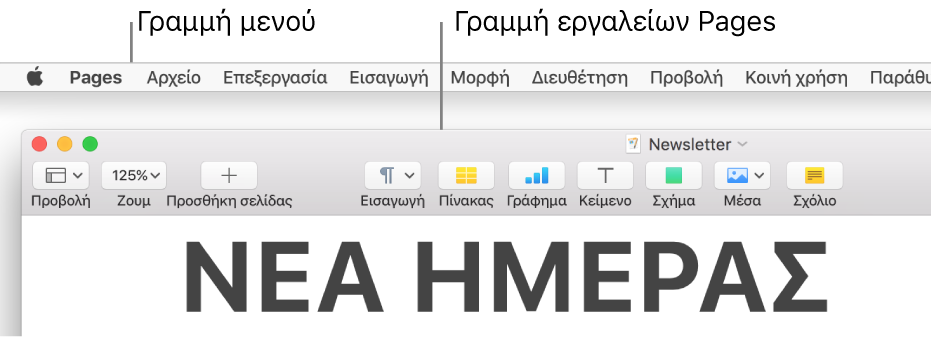 Η γραμμή μενού στο πάνω μέρος της οθόνης με τα μενού: Apple, Pages, Αρχείο, Επεξεργασία, Εισαγωγή, Μορφή, Διευθέτηση, Προβολή, Κοινή χρήση, Παράθυρο, και Βοήθεια. Κάτω από τη γραμμή μενού εμφανίζεται ένα ανοιχτό έγγραφο Pages με τα κουμπιά της γραμμής εργαλείων «Προβολή», «Ζουμ», «Προσθήκη σελίδας», «Εισαγωγή», «Πίνακας», «Γράφημα», «Κείμενο», «Σχήμα», «Πολυμέσα» και «Σχόλιο» στο πάνω μέρος.