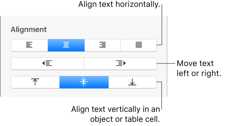 The Alignment section with a call out to the text alignment and spacing buttons.