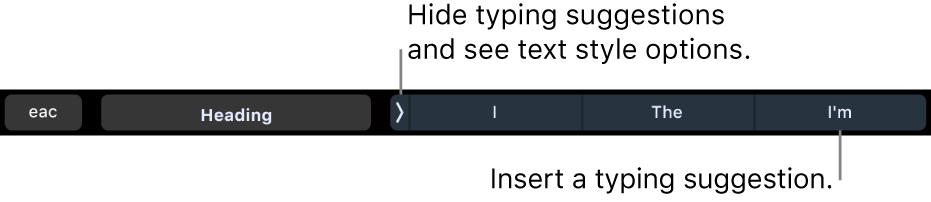 The MacBook Pro Touch Bar with controls for choosing a text style, hiding typing suggestions and inserting typing suggestions.