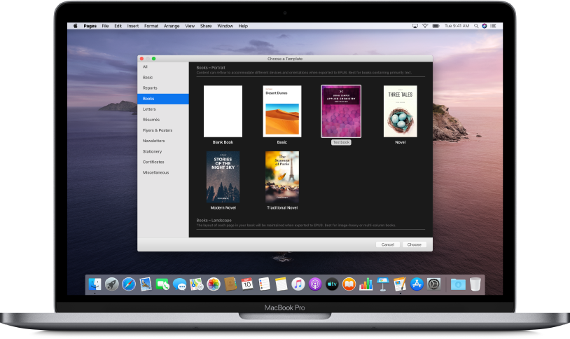 A MacBook Pro with the Pages template chooser open on the screen. The Books category is selected on the left and book templates appear on the right.
