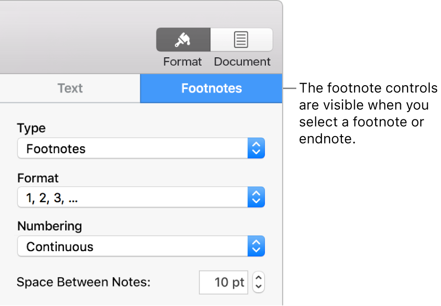 The Footnotes pane showing pop-up menus for Type, Format, Numbering and space between notes.