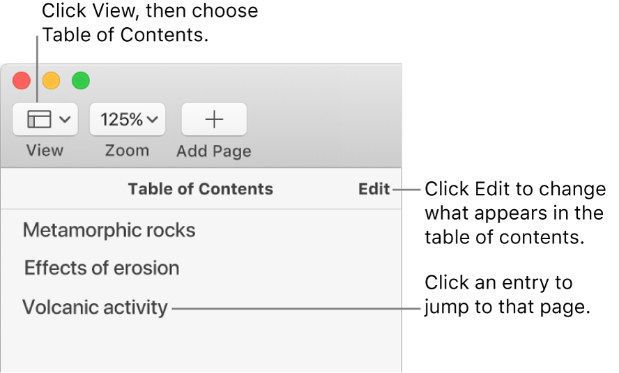 The table of contents on the left side of the Pages window, with an Edit button in the top-right corner of the sidebar and table of contents entries in a list. The View button is in the top-left corner of the Pages toolbar, above the sidebar.