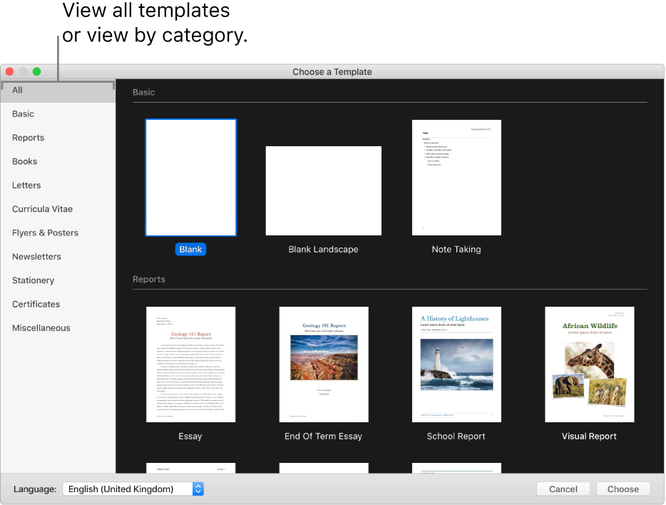 The template chooser. On the right are thumbnails of predesigned templates you can use to begin creating documents. A sidebar on the left lists template categories you can click to filter options.