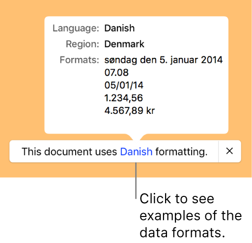The notification of the different language and region setting, showing examples of the formatting in that language and region.