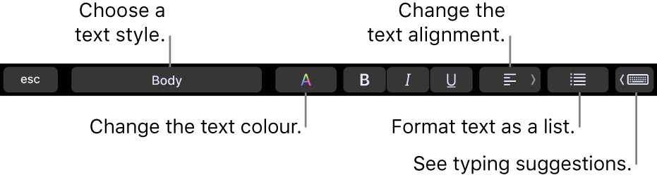 The MacBook Pro Touch Bar with controls for choosing a text style, changing the text colour, changing the text alignment, formatting text as a list and showing typing suggestions.