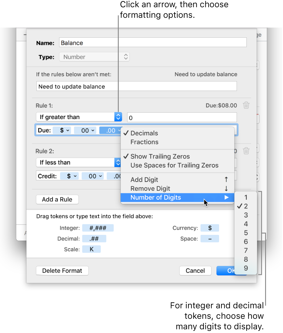 The custom cell format window with controls for choosing custom formatting options.