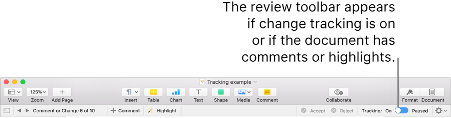 The Pages toolbar with change tracking turned on and the review toolbar below the Pages toolbar.