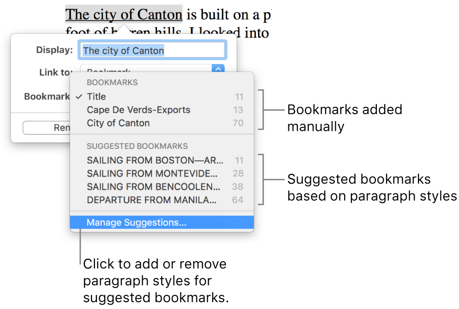 The bookmark list with manually added bookmarks at the top and suggested bookmarks below. The Manage Suggestions option is at the bottom.