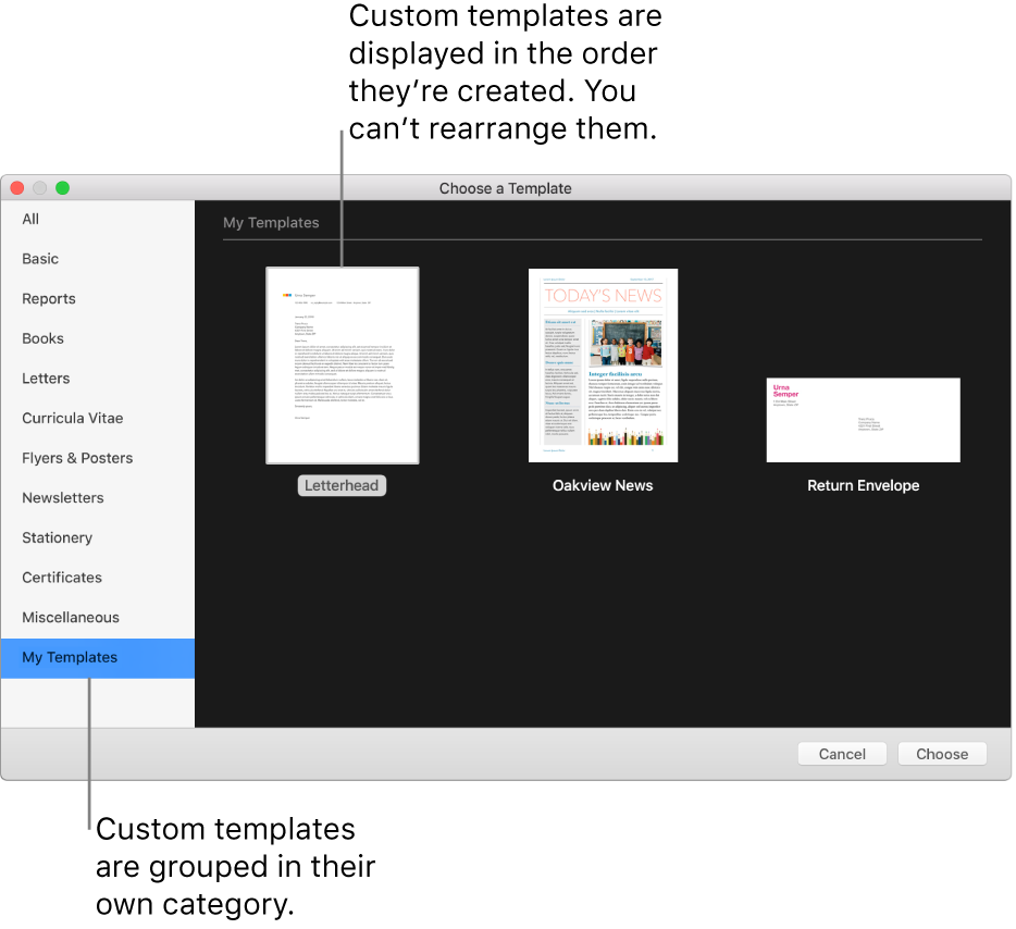 The template chooser with My Templates as a category on the left. Custom templates are displayed in the order they are created and can’t be rearranged.
