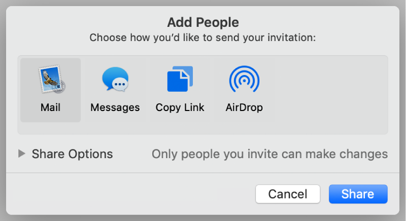 The collaboration settings window with a Share button at the bottom.