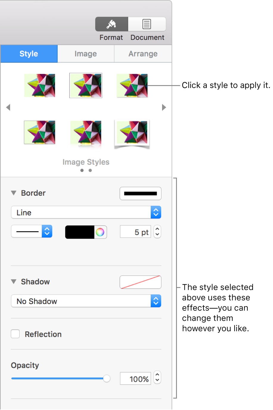 The Style tab of the Format sidebar showing object style options.