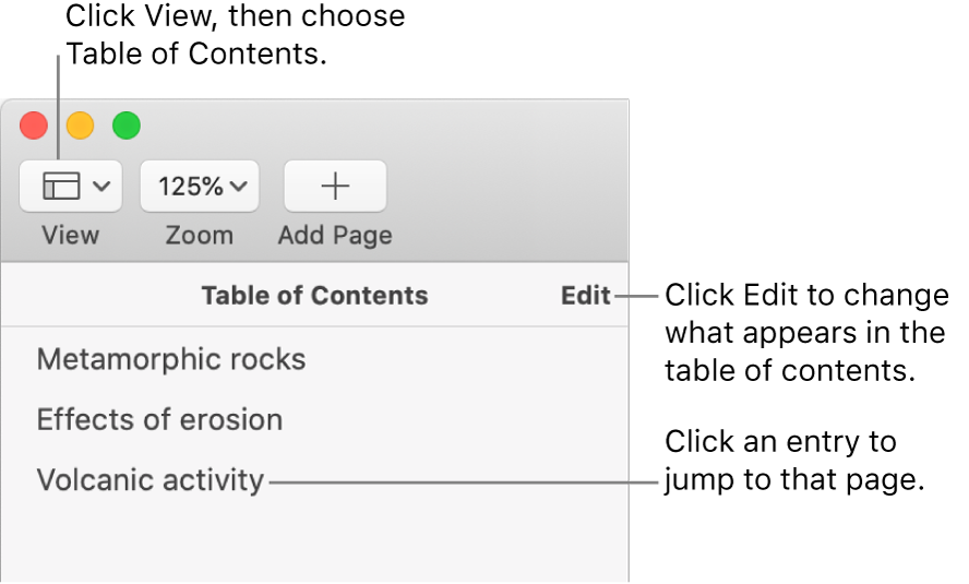 The table of contents on the left side of the Pages window with an Edit button at the top-right corner of the sidebar and table of contents entries in a list. The View button is in the top-left corner of the Pages toolbar, above the sidebar.